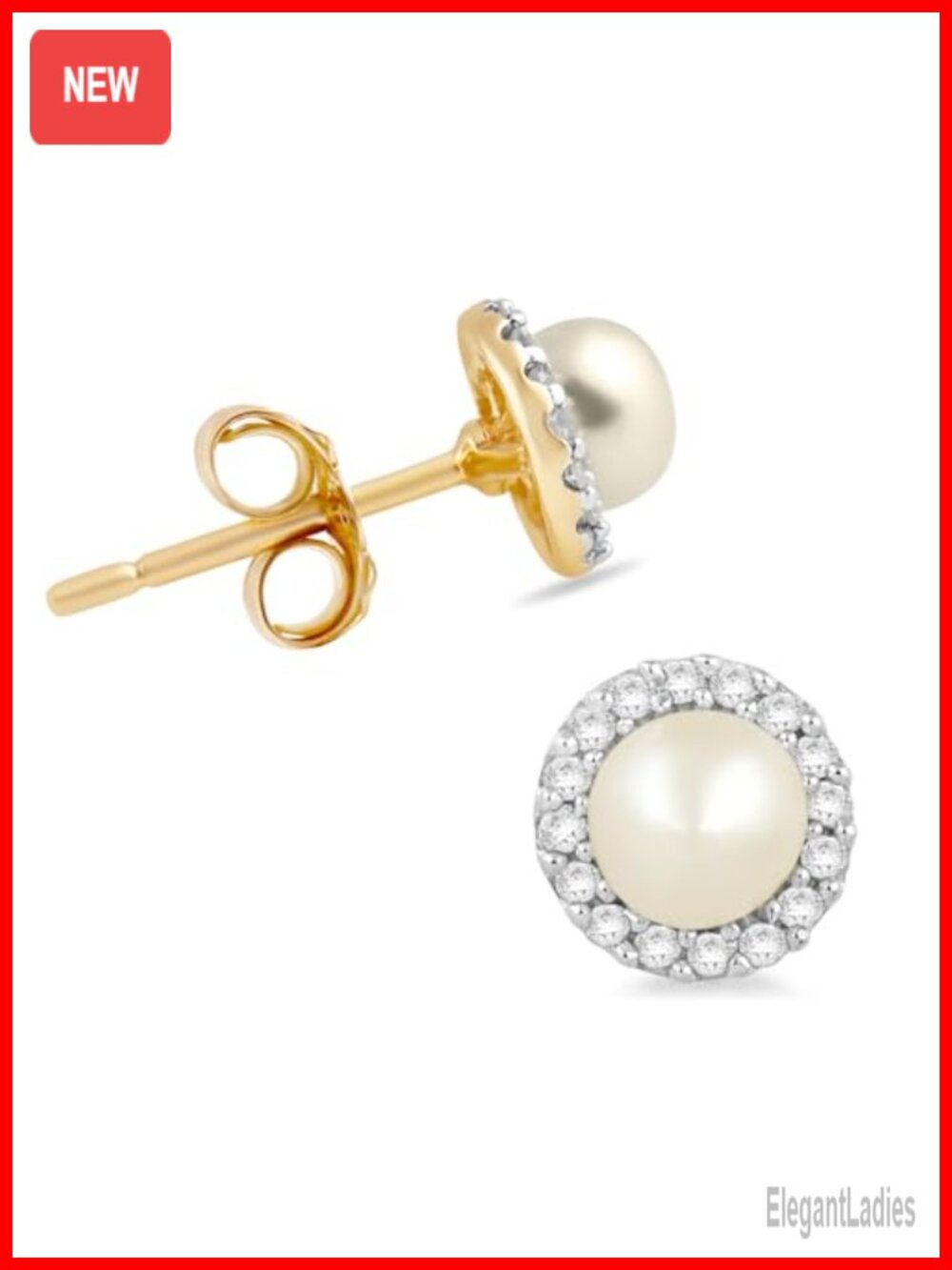 10K Yellow Gold Pearl & Diamond Stud Earrings Push Back Women Fine Jewelry